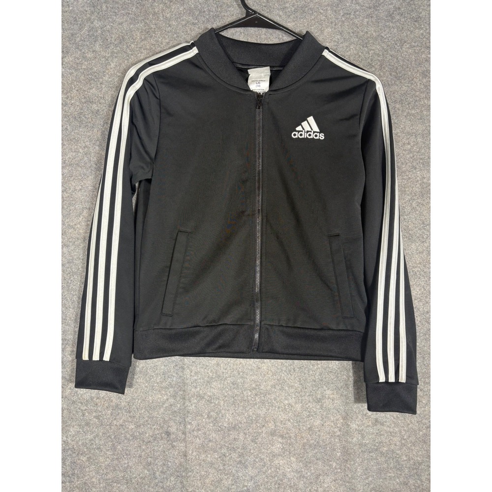 Kids Adidas Track Jacket Black White Full Zip‎ Long Sleeve Size L G 14 Athletic